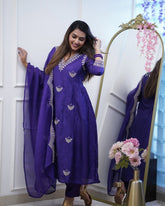 PURPLE  COLOURED  WOMEN'S PV CHANDERI  KURTA WITH PANT DUPATTA  SET